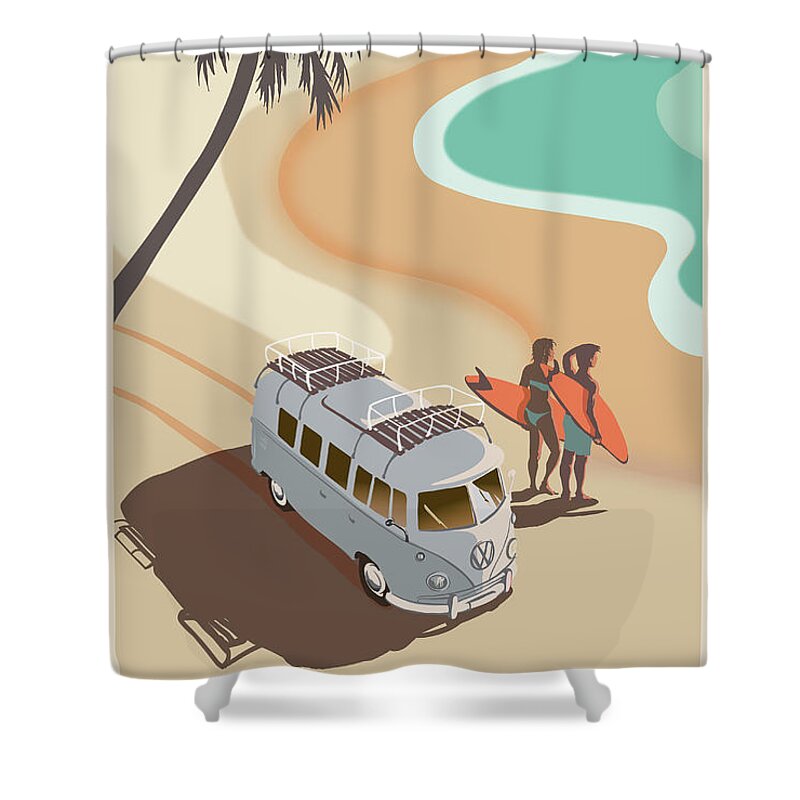 Vw Kombi Shower Curtain featuring the painting Retro Surf life VW Kombi by Sassan Filsoof