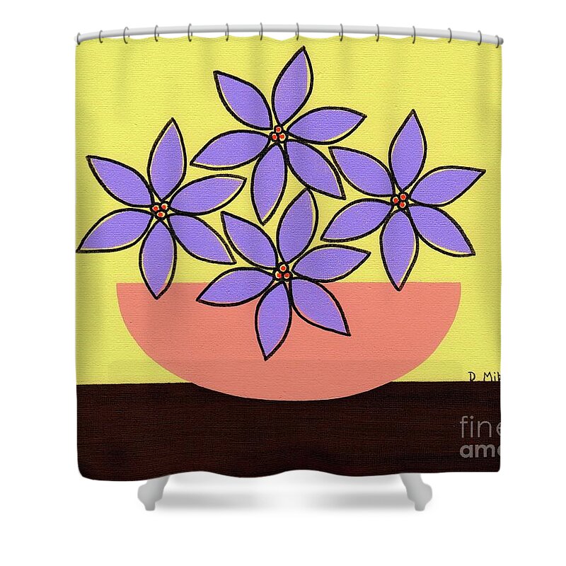 Mid Century Modern Flowers Shower Curtain featuring the painting Retro Tabletop Flowers in Purple by Donna Mibus