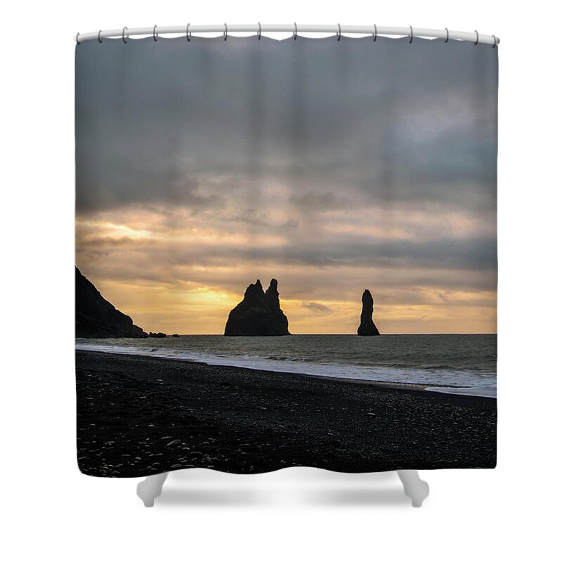 Iceland Shower Curtain featuring the photograph Reynisfjara Beach and Reynisdrangar Iceland by Catherine Reading