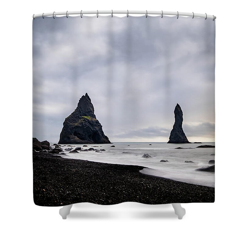 Reynisfjara Shower Curtain featuring the photograph Reynisfjara black sand beach and Reynisdrangar in Iceland by Alexios Ntounas