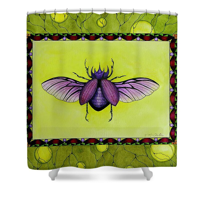 Kim Mcclinton Shower Curtain featuring the painting Rhino Beetle Wings by Kim McClinton