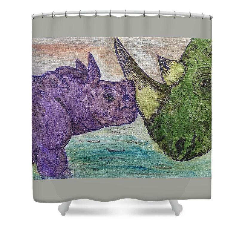 12 X 9 Shower Curtain featuring the painting Rhinos by Lisa Koyle