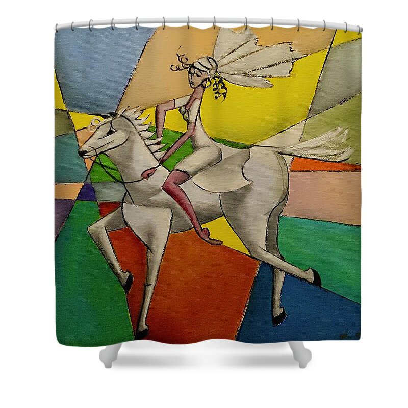 Rider Shower Curtain featuring the painting White Rider by Lana Sylber