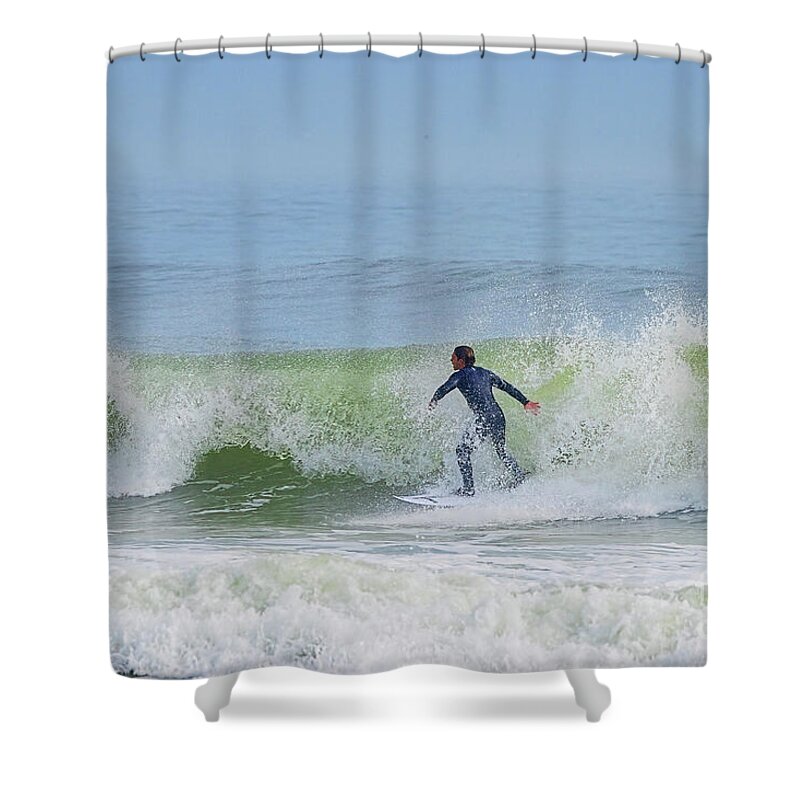 Surfer Shower Curtain featuring the photograph Riding The Board by Deborah Benoit