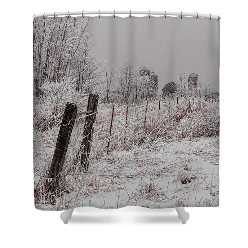 Winter Shower Curtain featuring the photograph Rime Ice Farm Fence Line by Dale Kauzlaric