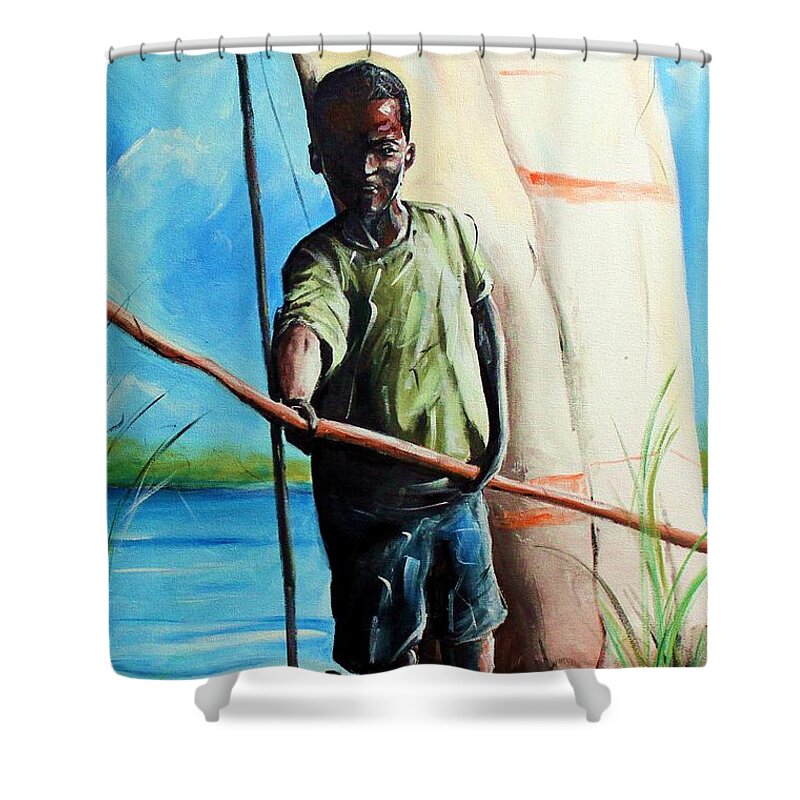 Boy Shower Curtain featuring the painting River Boy by Henry Blackmon