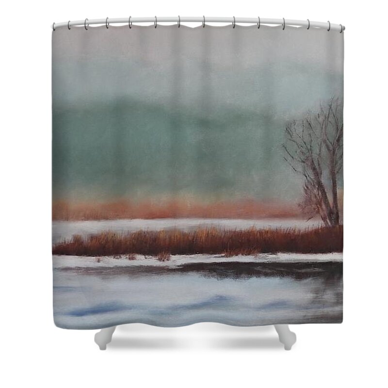 River Shower Curtain featuring the pastel River Fog by Carol Corliss