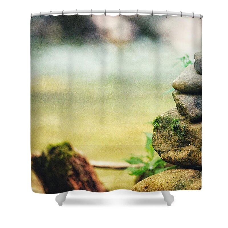 Photo Shower Curtain featuring the photograph Riverside Cairn by Evan Foster