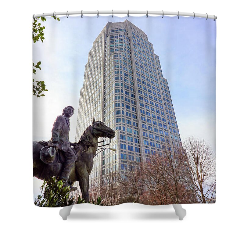Winston Salem Shower Curtain featuring the photograph RJ Reynolds Statue and Wells Fargo Building 0494 by Jack Schultz