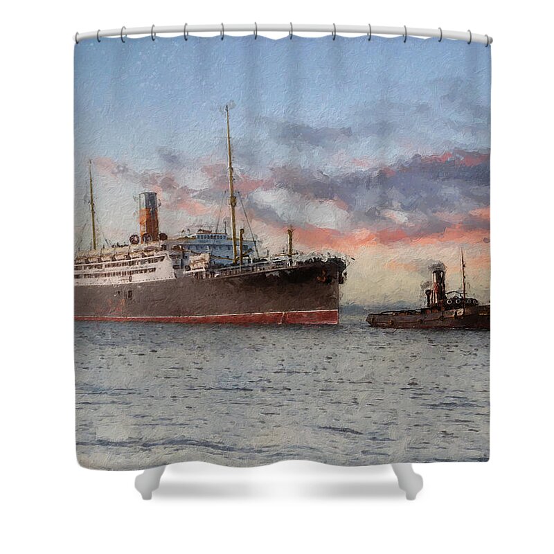 Steamer Shower Curtain featuring the digital art R.M.S. Franconia by Geir Rosset