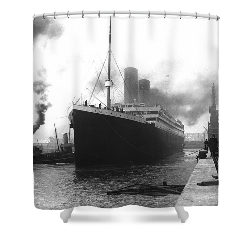 Titanic Shower Curtain featuring the photograph RMS Titanic In Southampton - 1912 by War Is Hell Store