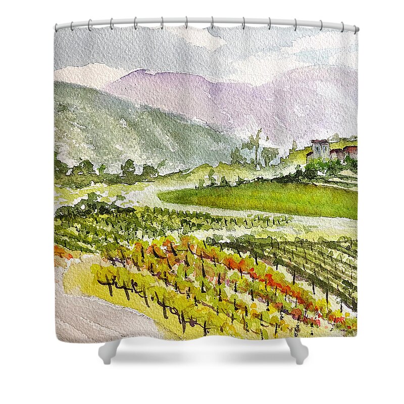 Vineyard Shower Curtain featuring the painting Road down from the Villa at GBV by Roxy Rich