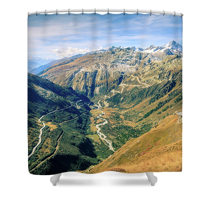 Alps Shower Curtain featuring the photograph Road in the Alps by Alexey Stiop