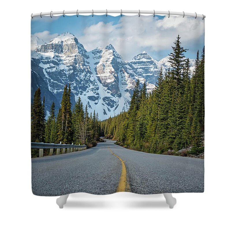 Alberta Shower Curtain featuring the photograph Road to Moraine Lake by Rick Deacon