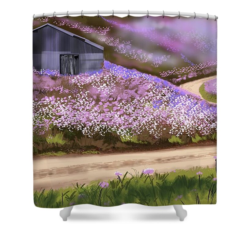Random Countryside Landscape During Summer Shower Curtain featuring the digital art Road to Nowhere by Rob Hartman