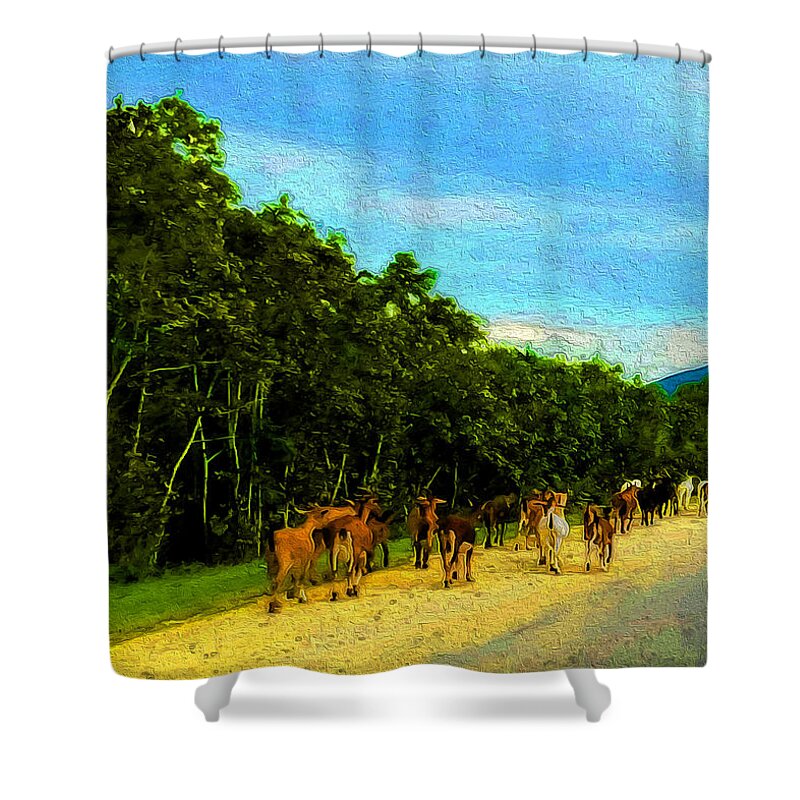 Roadside In Jamaica Shower Curtain featuring the digital art Roadside Happenings 4 Goats by Aldane Wynter