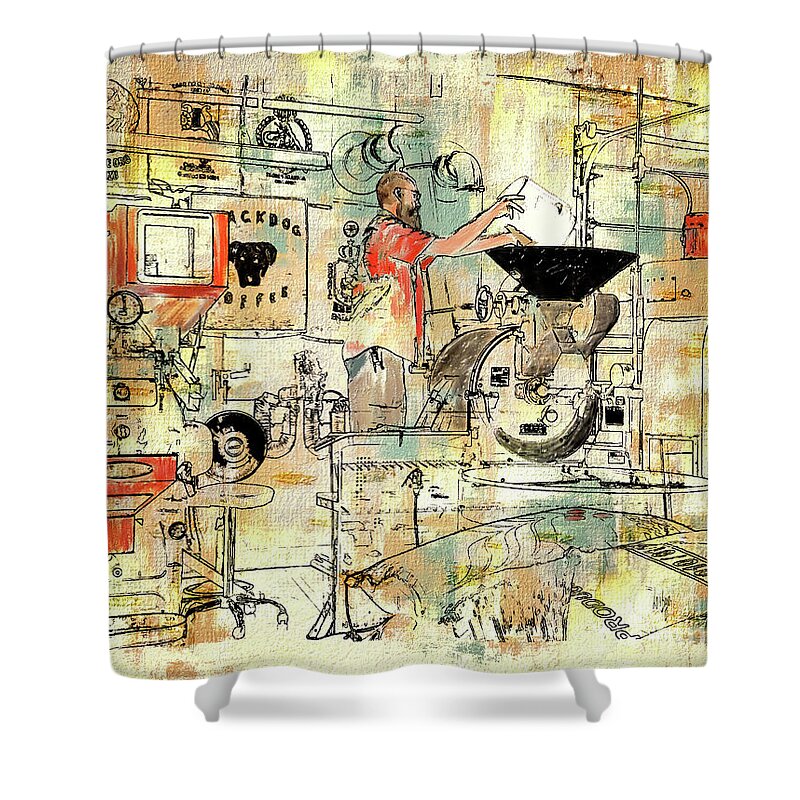 Coffee Shower Curtain featuring the digital art Roasting Coffee At The Black Dog Cafe by Lois Bryan