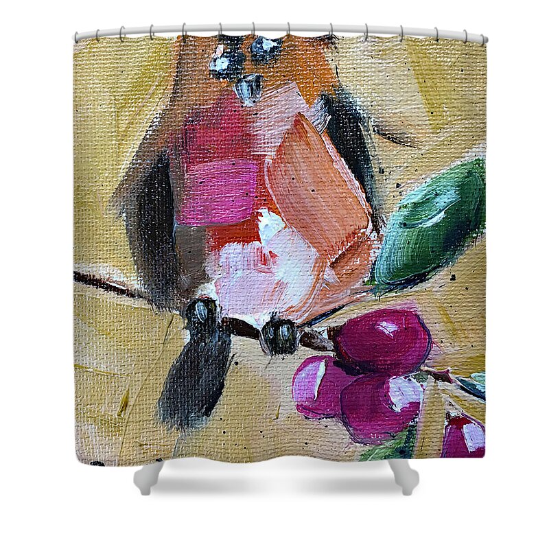 Robin Shower Curtain featuring the painting Robin on a Berry Branch by Roxy Rich