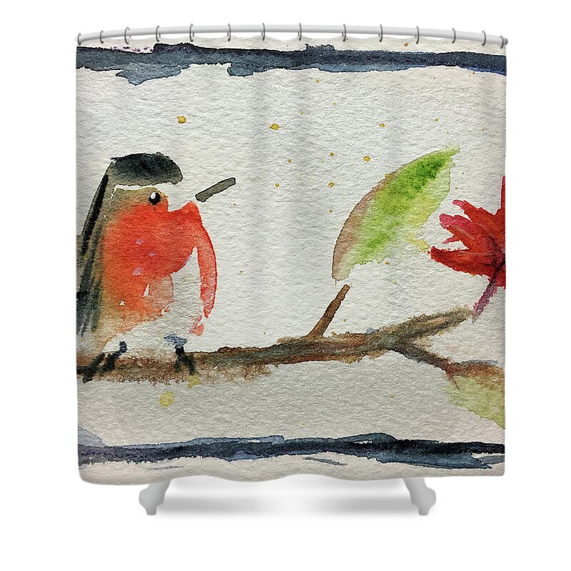 Grand Tit Shower Curtain featuring the painting Robin on a Maple Branch by Roxy Rich