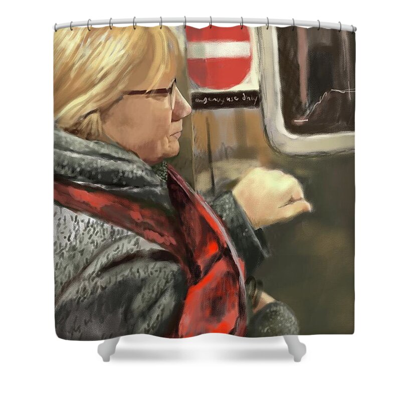 Robin Shower Curtain featuring the digital art Robin On A Subway by Larry Whitler