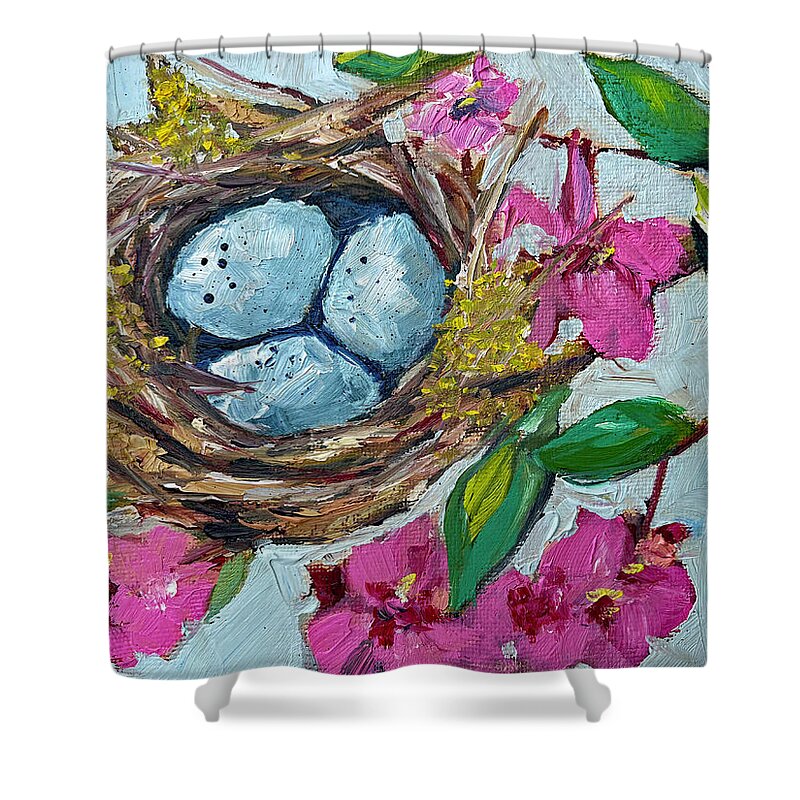 Robin Nest Shower Curtain featuring the painting Robins Nest by Roxy Rich