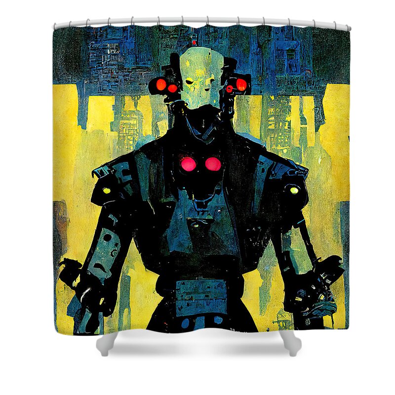 Robot Shower Curtain featuring the painting Robots among us, 06 by AM FineArtPrints