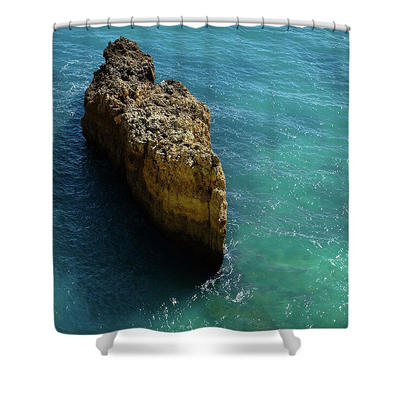 Sea Shower Curtain featuring the photograph Rock formation and the sea in Algarve by Angelo DeVal