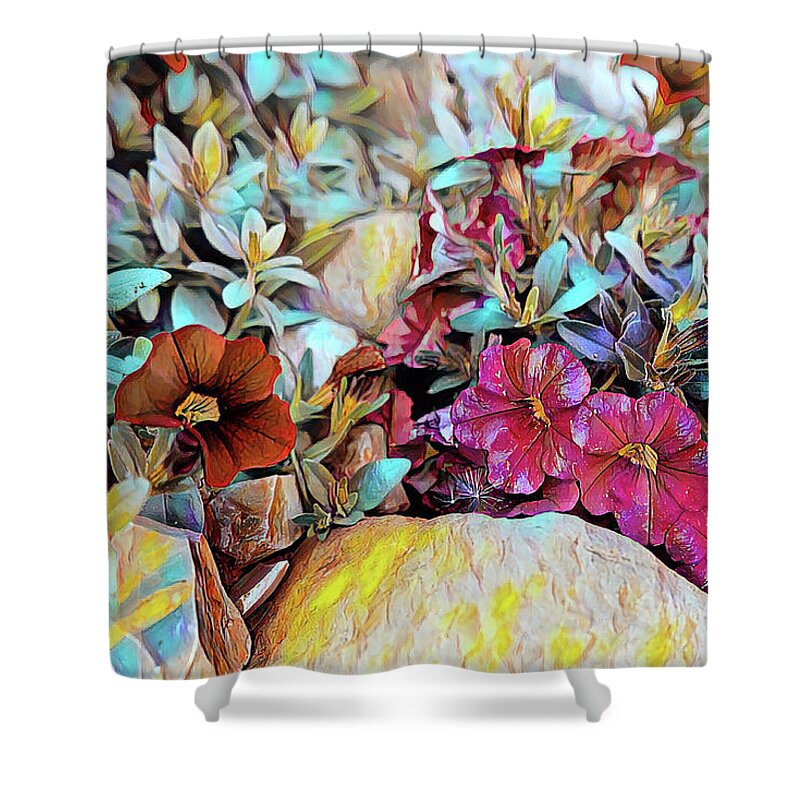 Garden Shower Curtain featuring the painting Rock garden with colorful flowers oil painting by Patricia Piotrak