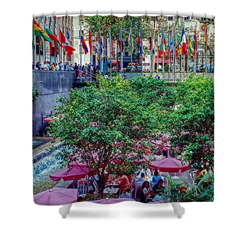 Rockefeller Shower Curtain featuring the photograph Rockefeller Plaza New York City Summer cafe and fountain by Tom Jelen