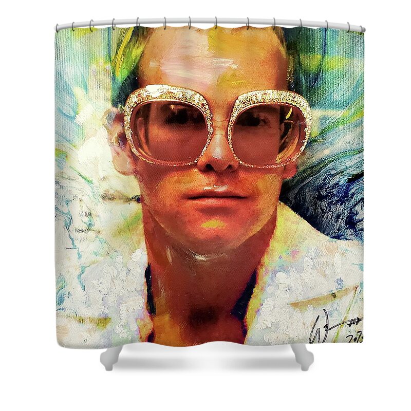 Elton John Shower Curtain featuring the mixed media Rocket Man by William Smith