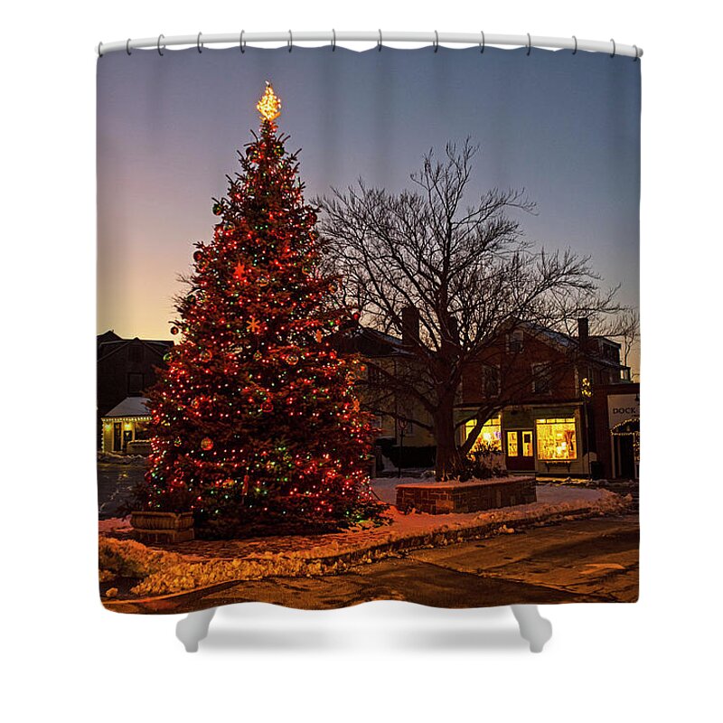 Rockport Shower Curtain featuring the photograph Rockport MA Christmas Tree at Dusk North Shore Massachusetts by Toby McGuire
