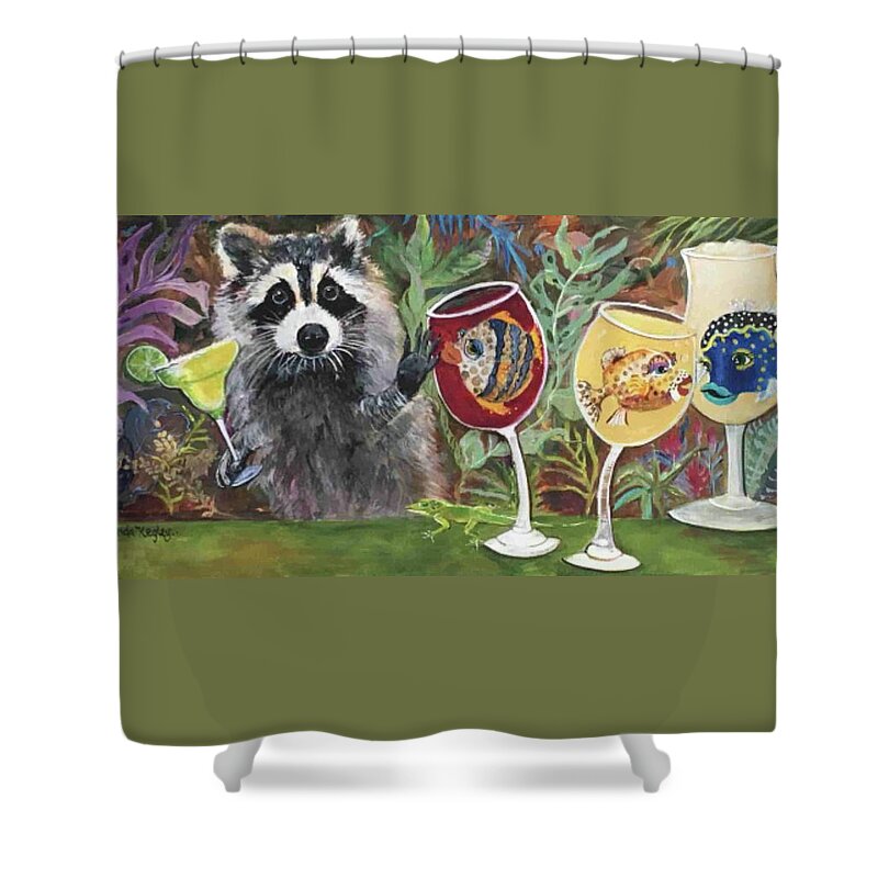 Raccoon Shower Curtain featuring the painting Rocky and his BestFINS by Linda Kegley