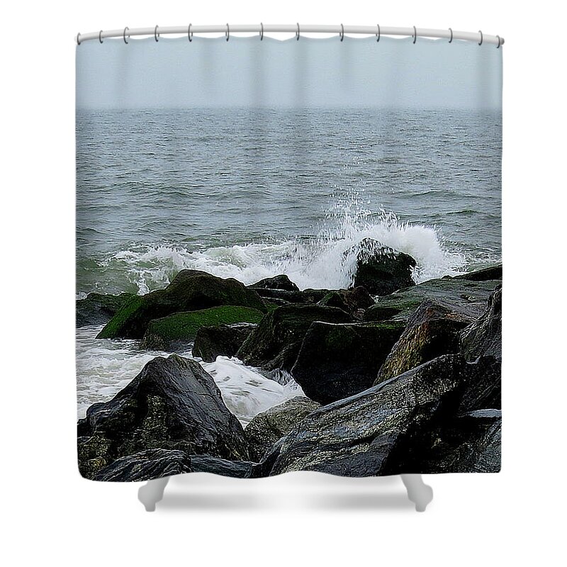 Waves Shower Curtain featuring the photograph Rocky Shores of the Atlantic Ocean in Cape May New Jersey by Linda Stern