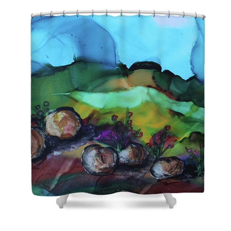 Landscape With Rocks Shower Curtain featuring the painting Rocky Shores by Sandra Fox