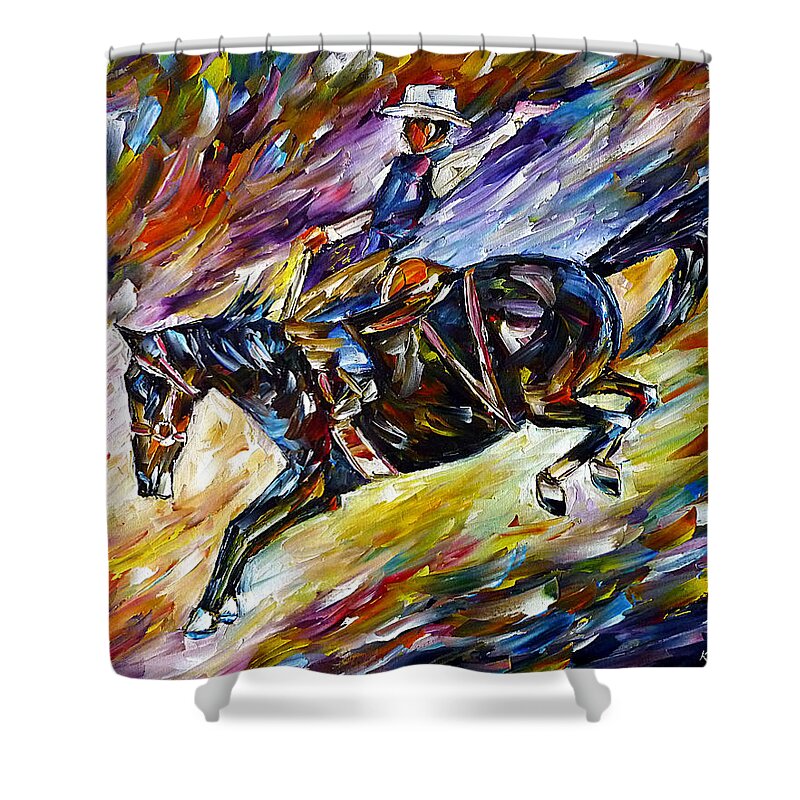 Cowboy Painting Shower Curtain featuring the painting Rodeo I by Mirek Kuzniar