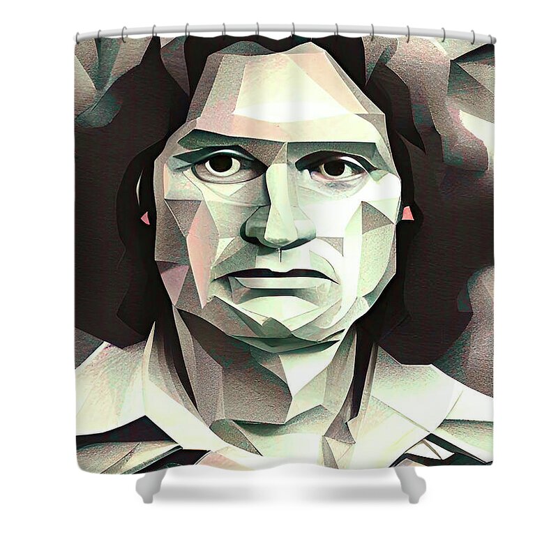 Rodney Alcala Shower Curtain featuring the digital art Criminal Rodney Alcala geometric portrait by Christina Fairhead