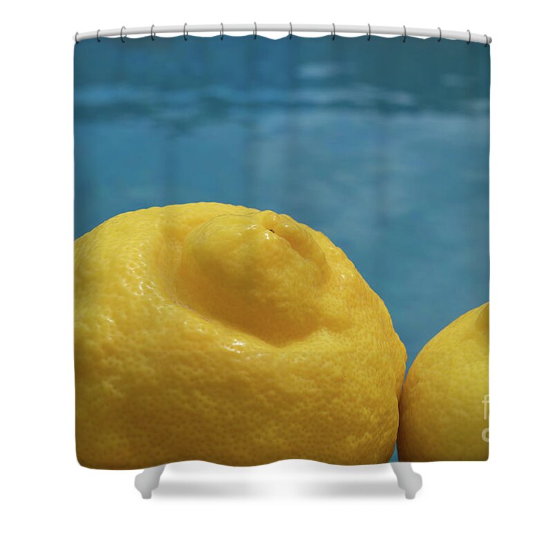 Fruit Shower Curtain featuring the photograph Sunny yellow lemons by the pool by Adriana Mueller