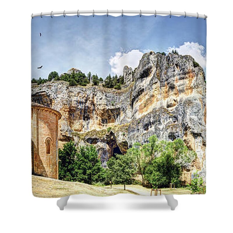 Templar Hermitage Shower Curtain featuring the photograph Romanesque Mountain Church - Long Vintage version by Weston Westmoreland