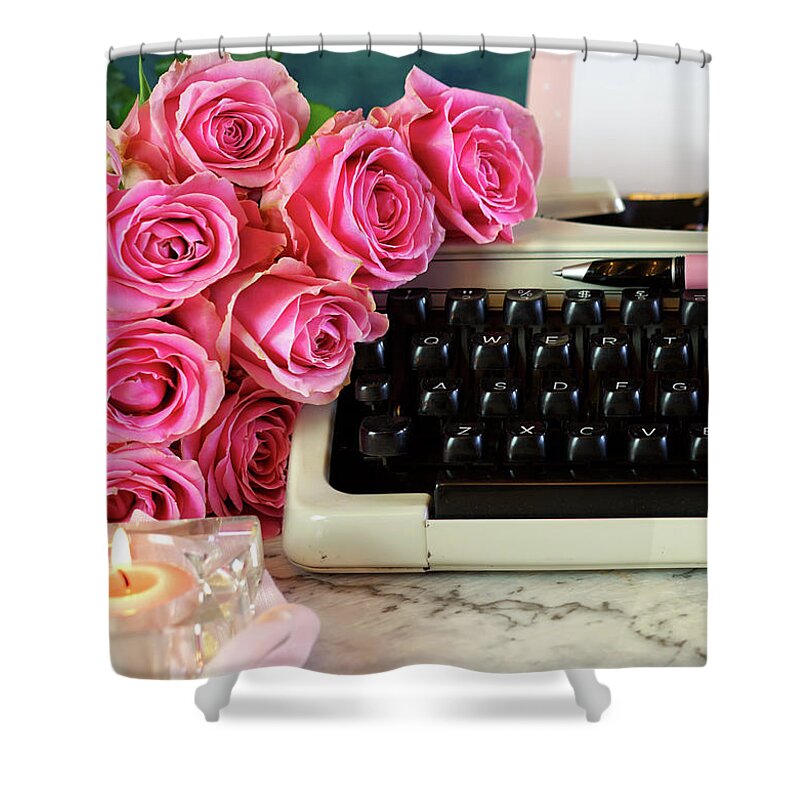 Retro Shower Curtain featuring the photograph Romantic vintage writing scene, tea break with old typewriter. by Milleflore Images