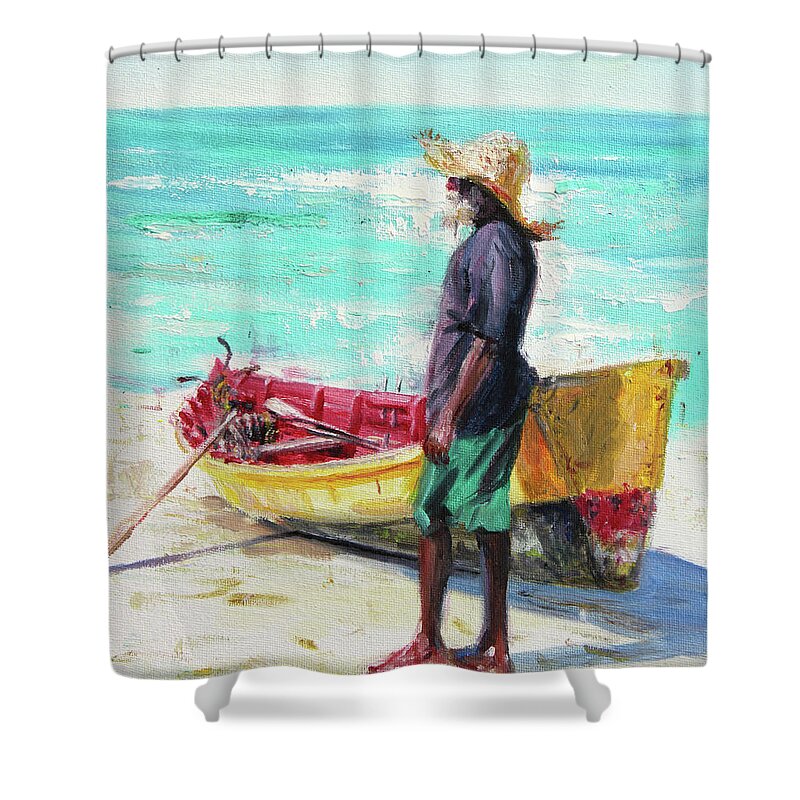 Fisherman Shower Curtain featuring the painting Romulus and Powerplay by Jonathan Guy-Gladding JAG