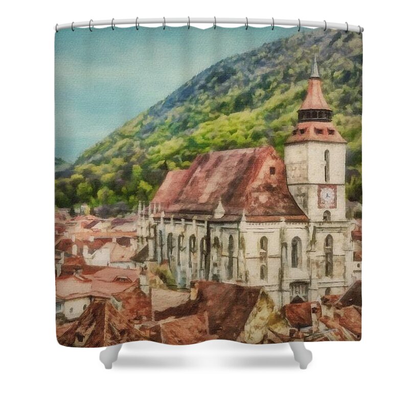 Brasov Shower Curtain featuring the painting Rooftops of Brasov by Jeffrey Kolker