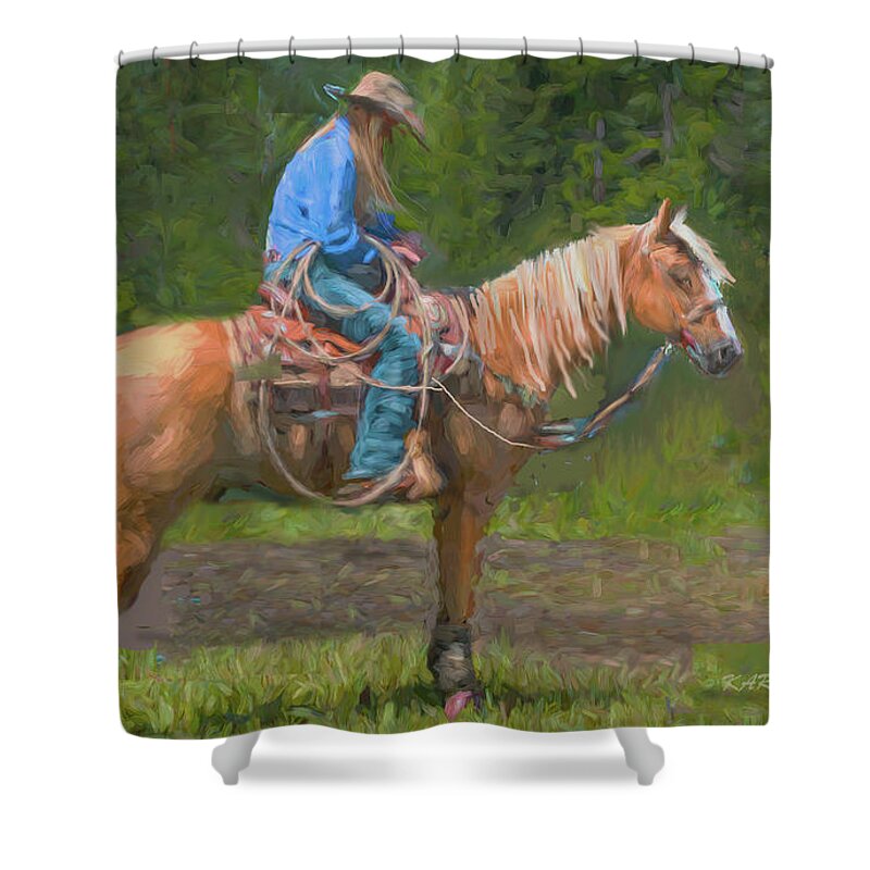 Rodeo Shower Curtain featuring the digital art Roping Directions by Kari Nanstad