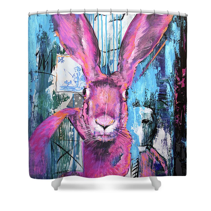 Rabbit Shower Curtain featuring the painting Rosa Hase - by Uwe Fehrmann