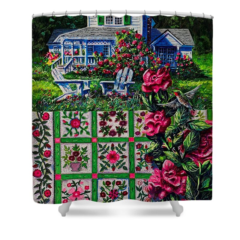 A Patchwork Quilt Of Traditional Rose Patterns In A Rose Garden With Hummingbirds Shower Curtain featuring the painting Rose Garden by Diane Phalen