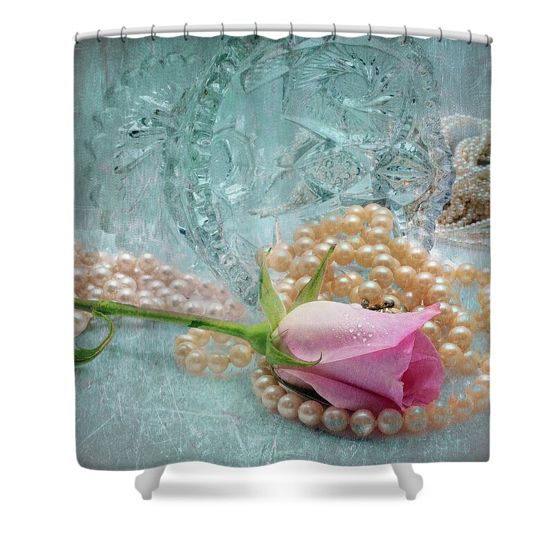 Still Life Shower Curtain featuring the photograph Rose, parts and crystal still life by Cordia Murphy