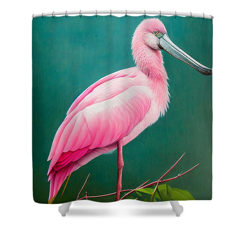 Roseate Spoonbill Oil Painting Décor Shower Curtain featuring the painting ROSEATE SPOONBILL oil painting in the style ins 645ddde6fe 6c57 645d6a b64566 645c645f04 by Celestial Images