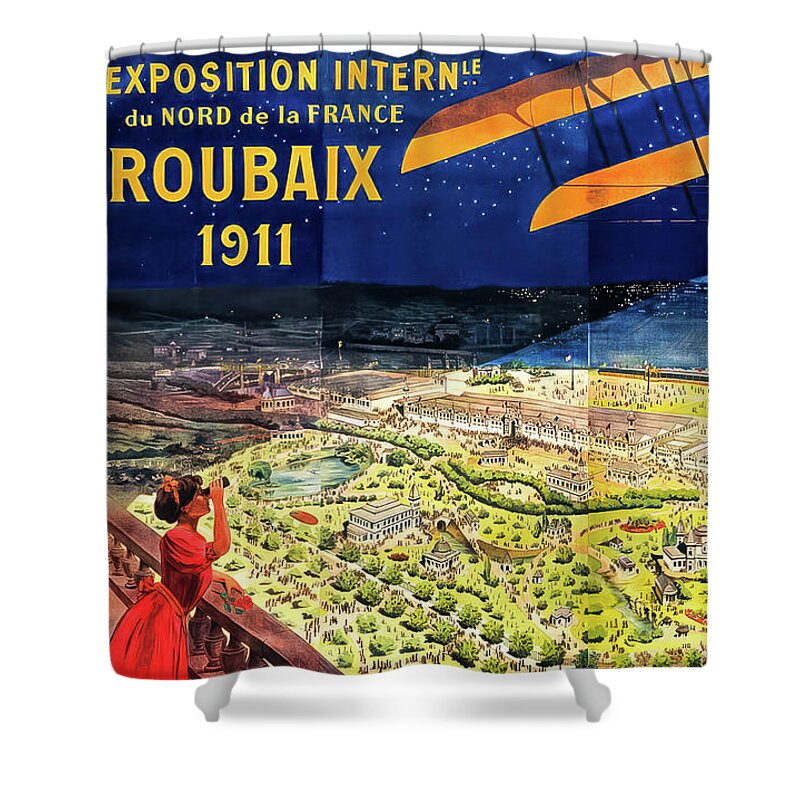 1911 Shower Curtain featuring the drawing Roubaix France 1911 World Fair Poster by M G Whittingham