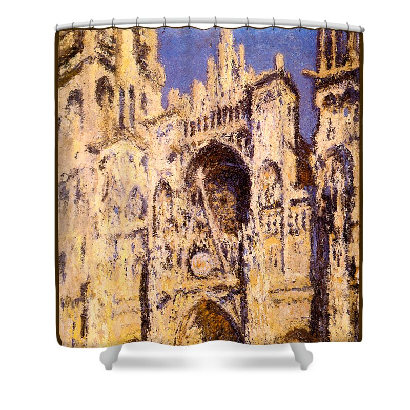 Claude Monet Shower Curtain featuring the painting Rouen Cathedral Portal and Tour d Albane Full Sunlight Harmony in Blue and Gold by Claude Monet