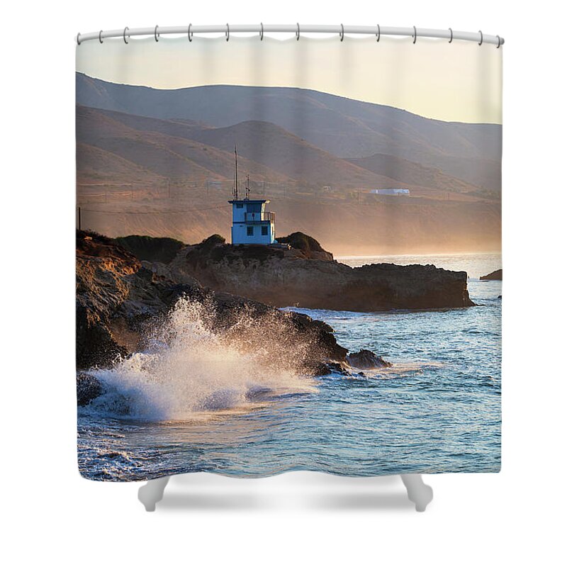 Beach Shower Curtain featuring the photograph Rough Surf by the Lifeguard Station by Matthew DeGrushe