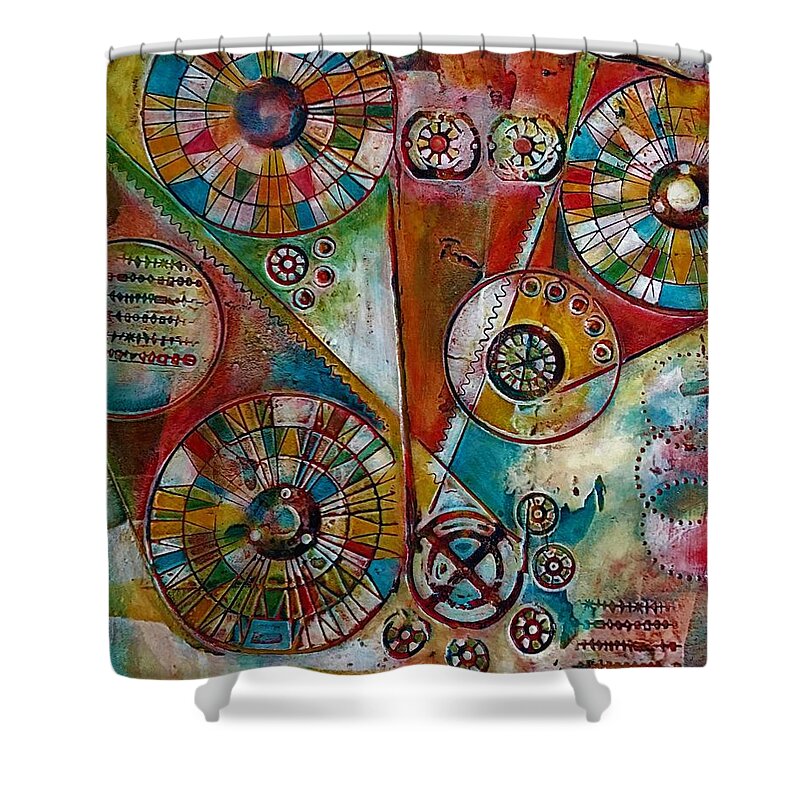 Colored Circles Shower Curtain featuring the mixed media Round About by Pam Veitenheimer